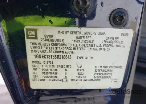 2005 Chevrolet Tahoe Ls z USA, uszkodzony, nr VIN 1GNEC13T85R218643